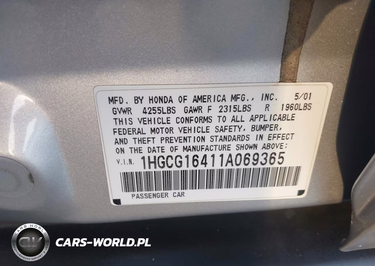 2001 Honda Accord 3.0 Lx VIN:1HGCG16411A069365 - 9