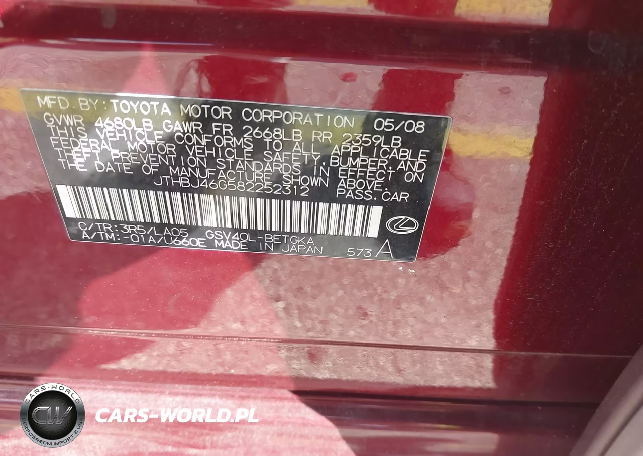 2008 Lexus Es 350 VIN:JTHBJ46G582252312 - 9
