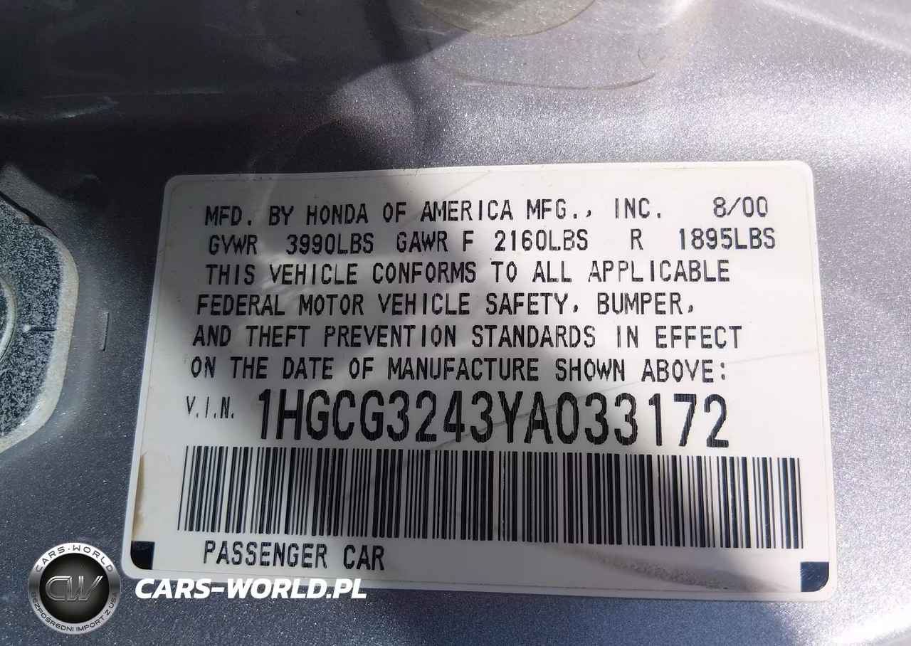 2000 Honda Accord 2.3 Lx VIN:1HGCG3243YA033172 - 9