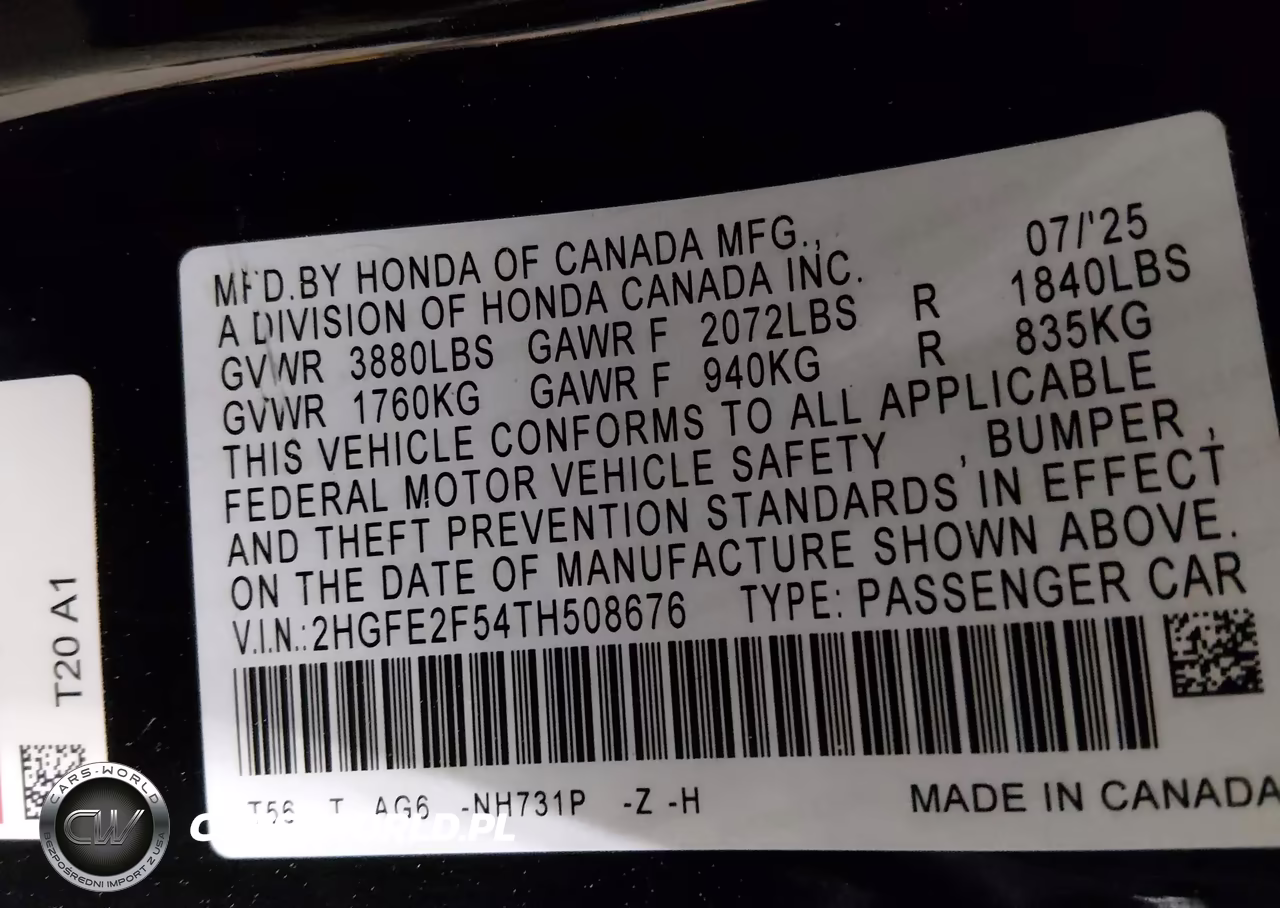 2026 Honda Civic Sport VIN:2HGFE2F54TH508676 - 9