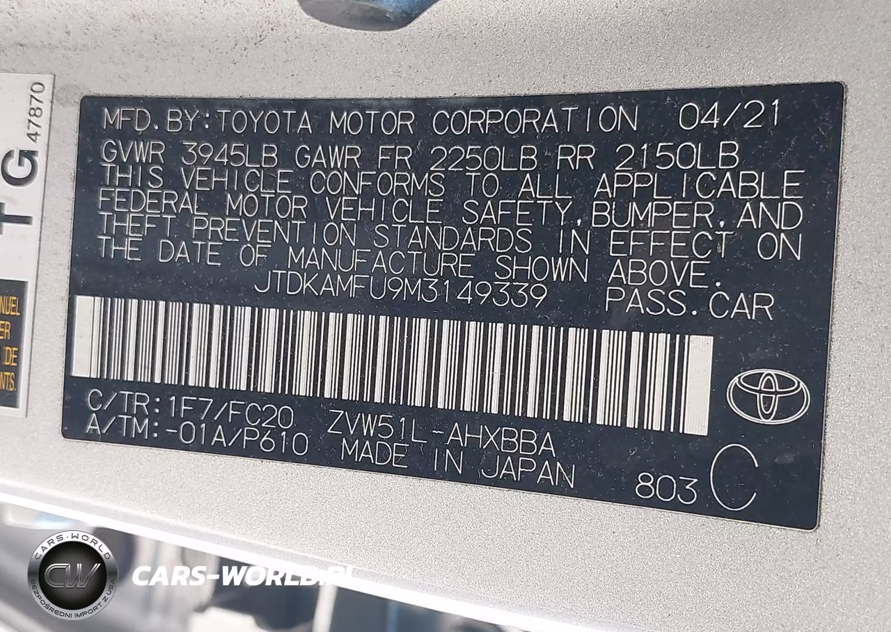2021 Toyota Prius L Eco VIN:JTDKAMFU9M3149339 - 9