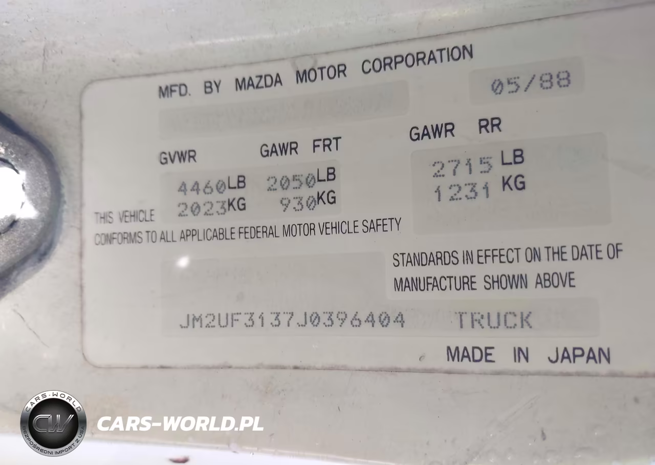 1988 Mazda B2200 Cab Plus VIN:JM2UF3137J0396404 - 9
