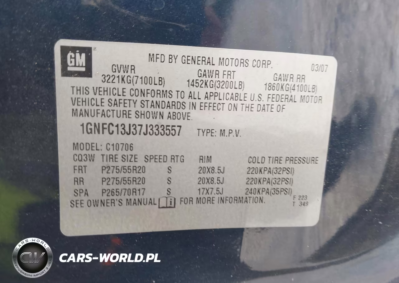 2007 Chevrolet Tahoe Lt VIN:1GNFC13J37J333557 - 9