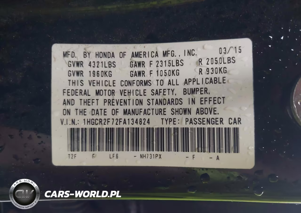 2015 Honda Accord Ex VIN:1HGCR2F72FA134824 - 9