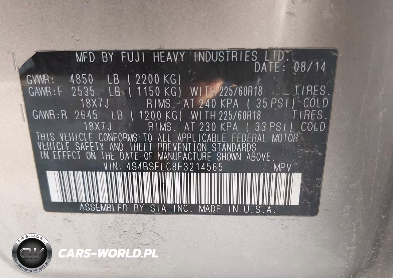 2015 Subaru Outback 3.6R Limited VIN:4S4BSELC8F3214565 - 9