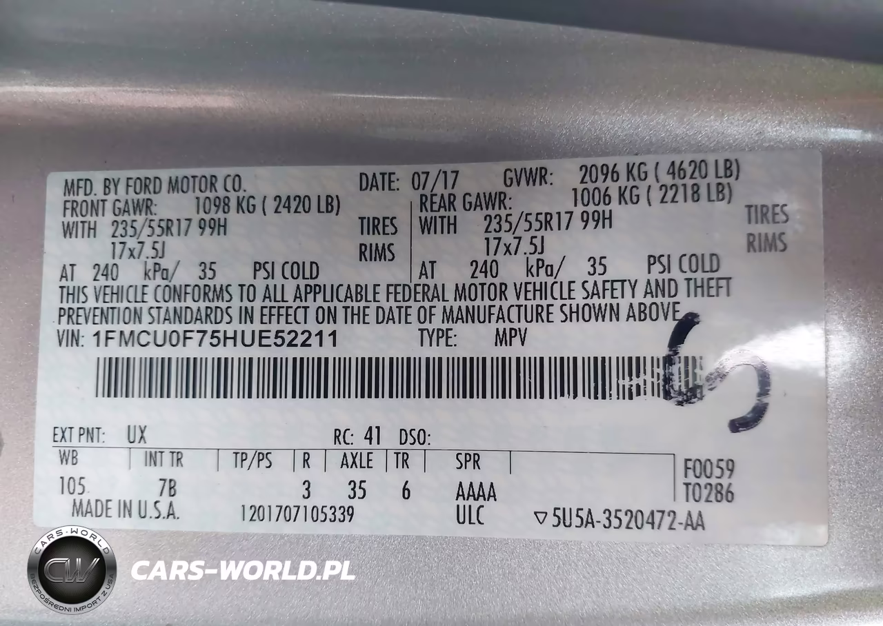 2017 Ford Escape S VIN:1FMCU0F75HUE52211 - 9