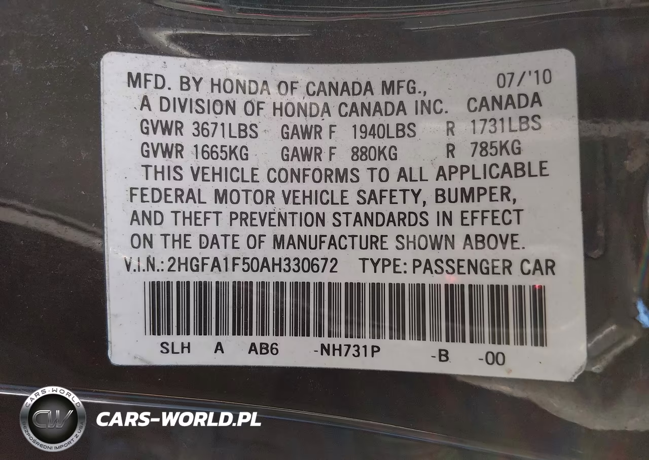2010 Honda Civic Lx VIN:2HGFA1F50AH330672 - 9