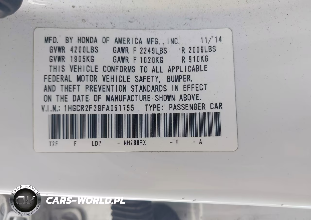 2015 Honda Accord Lx VIN:1HGCR2F39FA061755 - 9