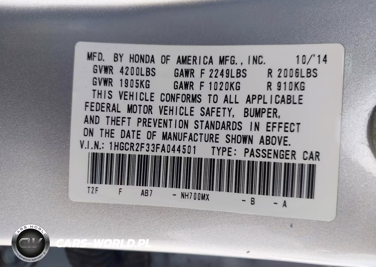 2015 Honda Accord Lx VIN:1HGCR2F33FA044501 - 9
