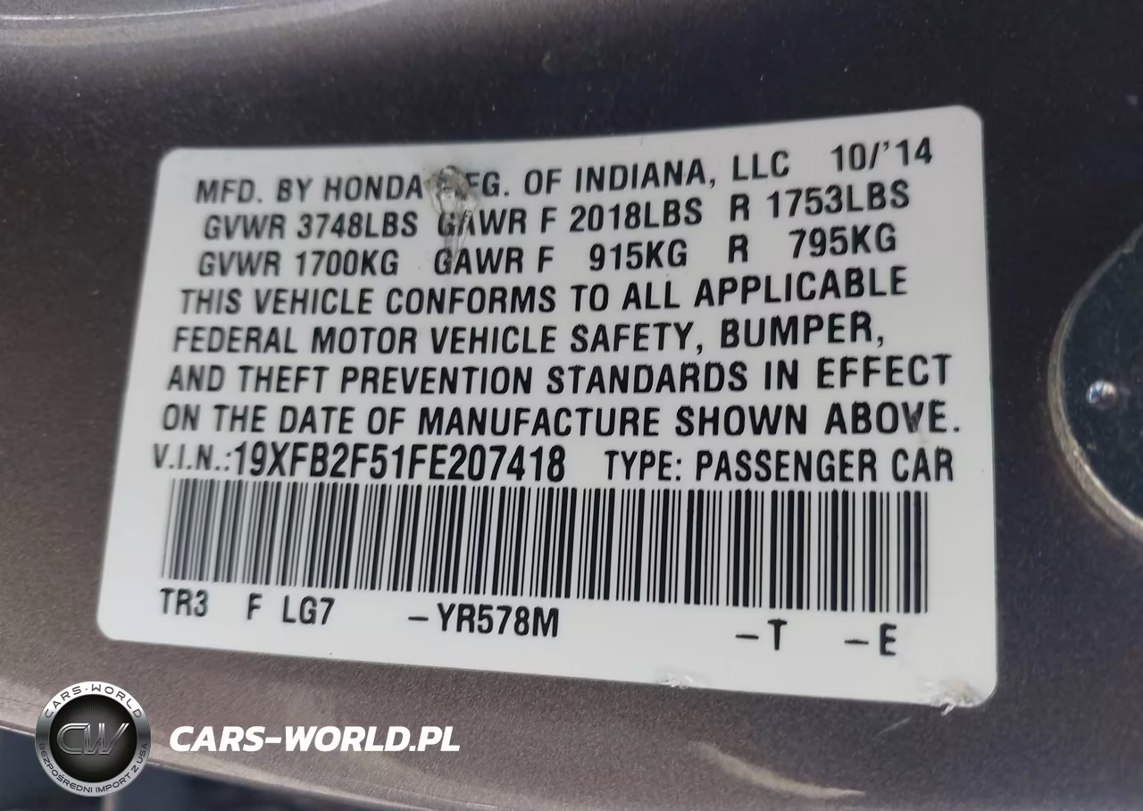 2015 Honda Civic Lx VIN:19XFB2F51FE207418 - 9