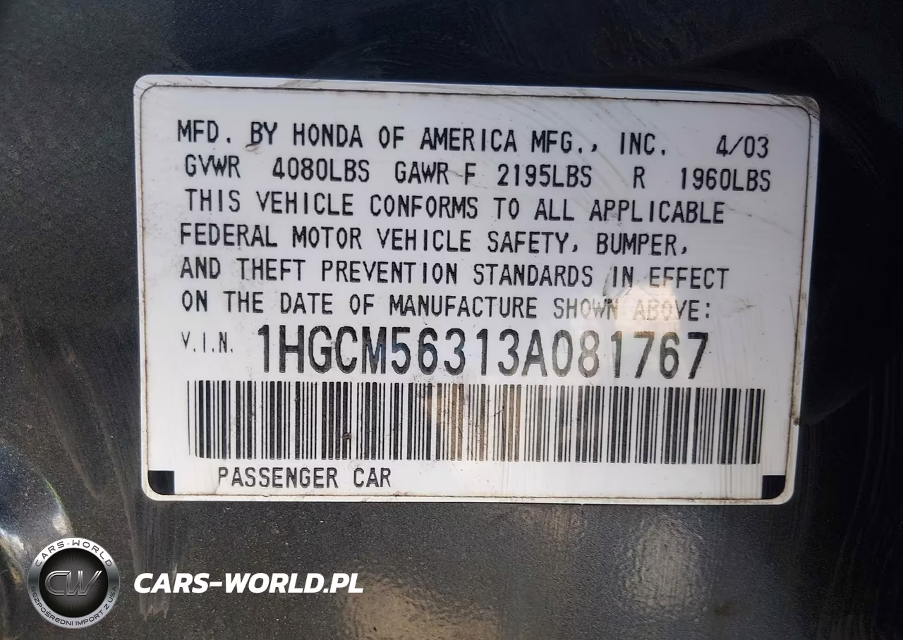 2003 Honda Accord 2.4 Lx VIN:1HGCM56313A081767 - 9