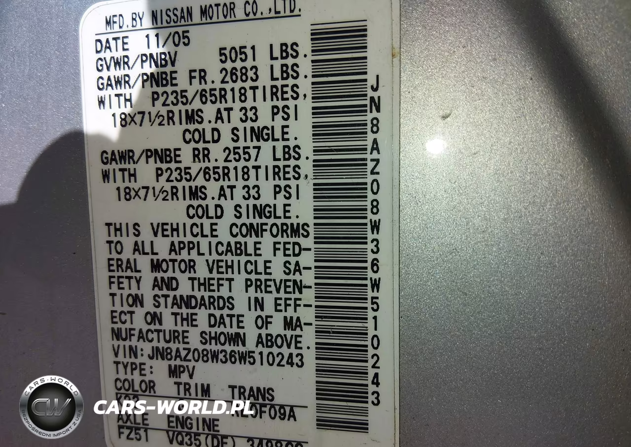 2006 Nissan Murano S VIN:JN8AZ08W36W510243 - 9