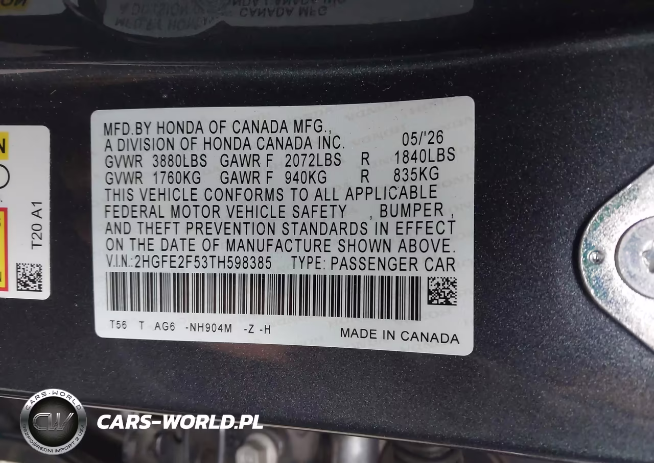 2026 Honda Civic Sport VIN:2HGFE2F53TH598385 - 9