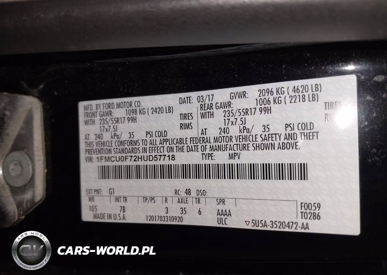 2017 Ford Escape S VIN:1FMCU0F72HUD57718 - 9