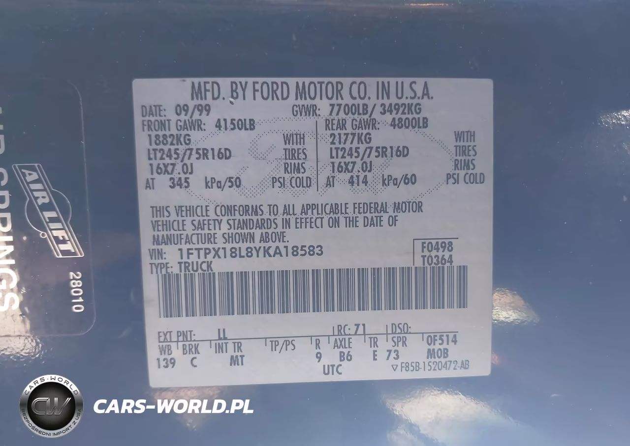2000 Ford F-150 Lariat-Work Series-Xl-Xlt VIN:1FTPX18L8YKA18583 - 9