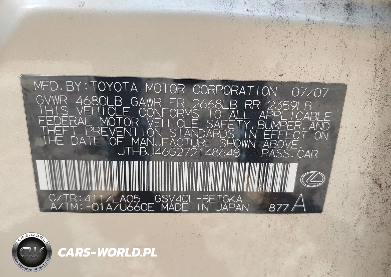 2007 Lexus Es 350 VIN:JTHBJ46G272148648 - 9