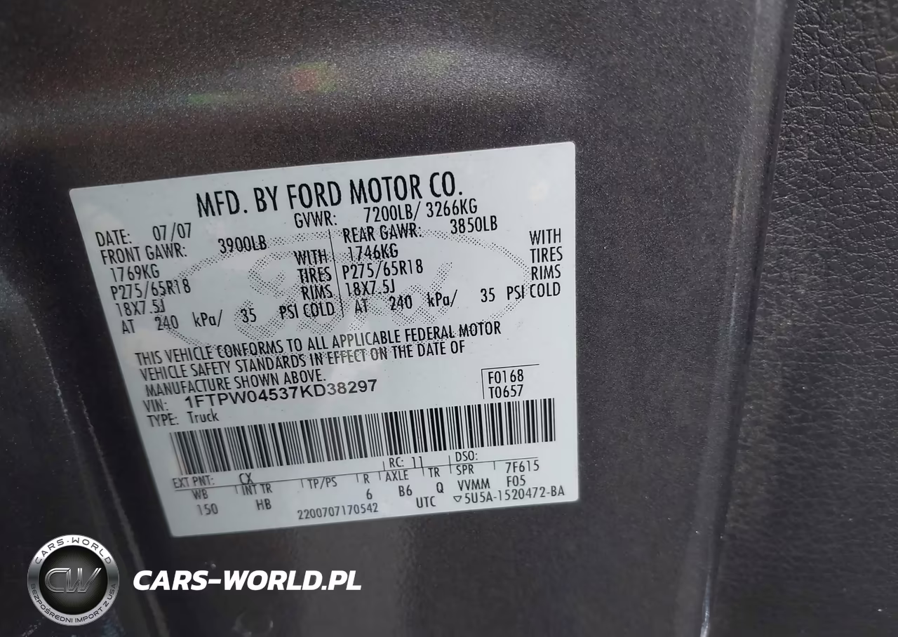 2007 Ford F-150 Fx4-Xlt VIN:1FTPW04537KD38297 - 9