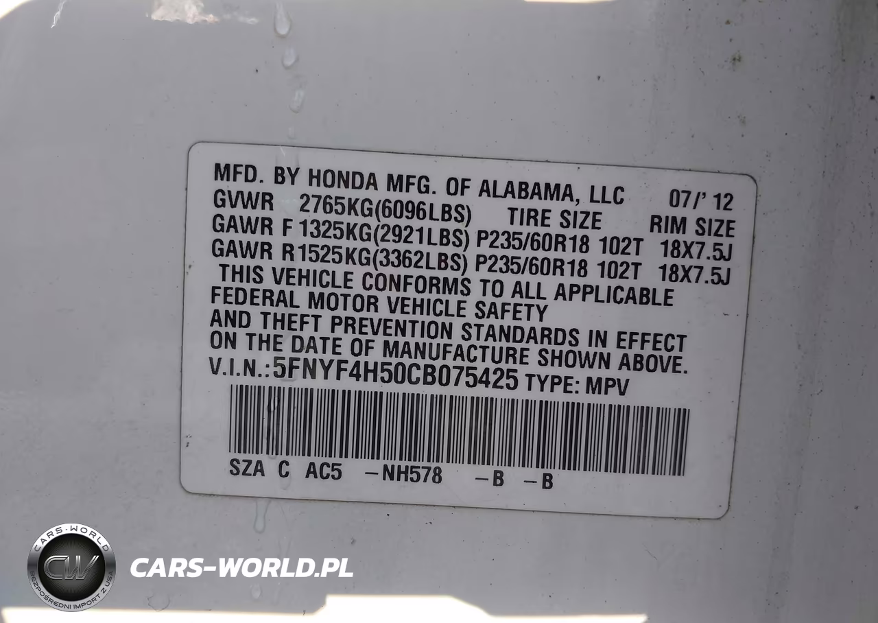 2012 Honda Pilot Ex-L VIN:5FNYF4H50CB075425 - 9