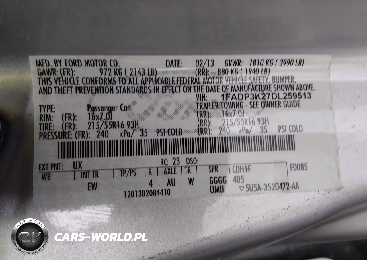 FORD FOCUS SE VIN:1FADP3K27DL259513 - 9