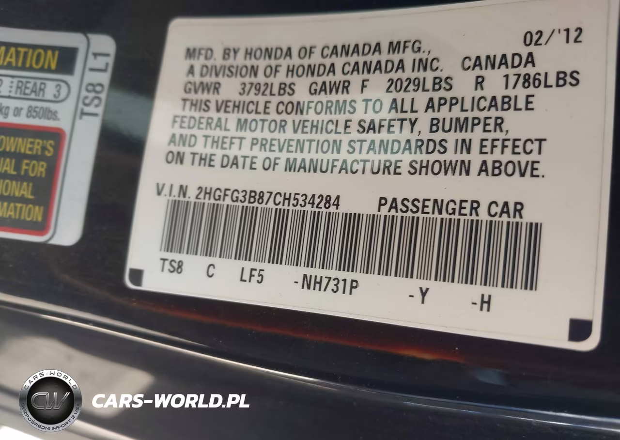 2012 Honda Civic Ex VIN:2HGFG3B87CH534284 - 9