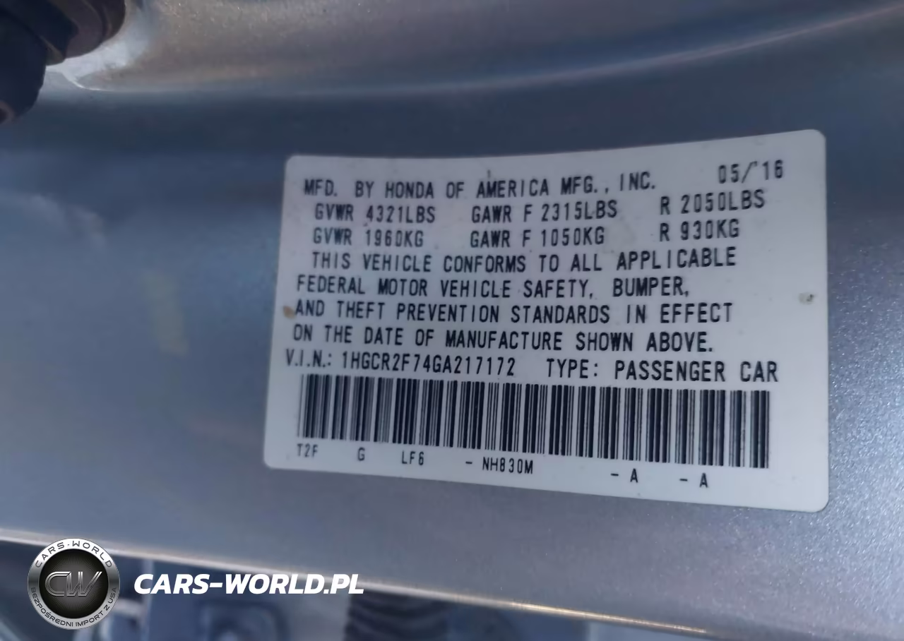 2016 Honda Accord Ex VIN:1HGCR2F74GA217172 - 9