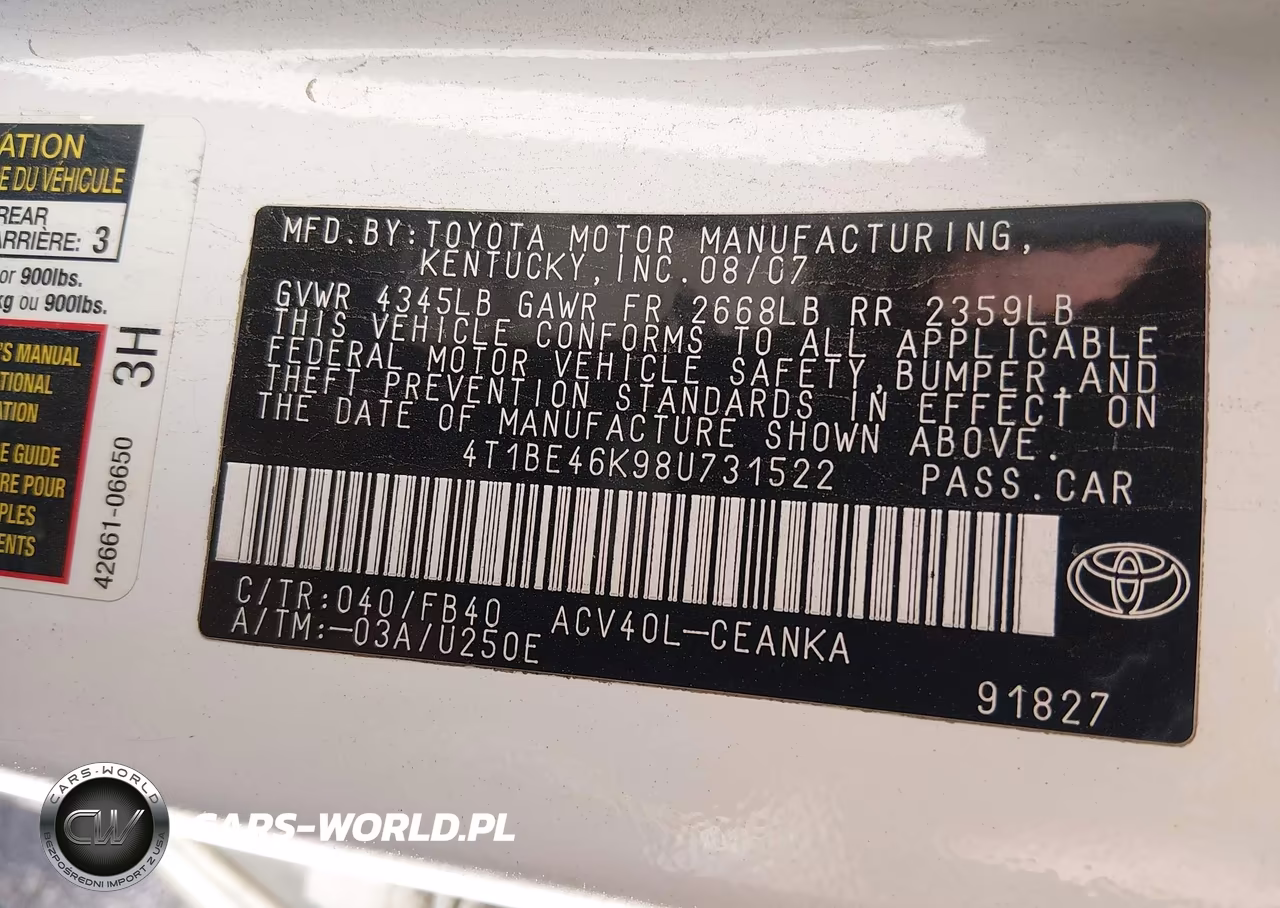 2008 Toyota Camry Le VIN:4T1BE46K98U731522 - 9