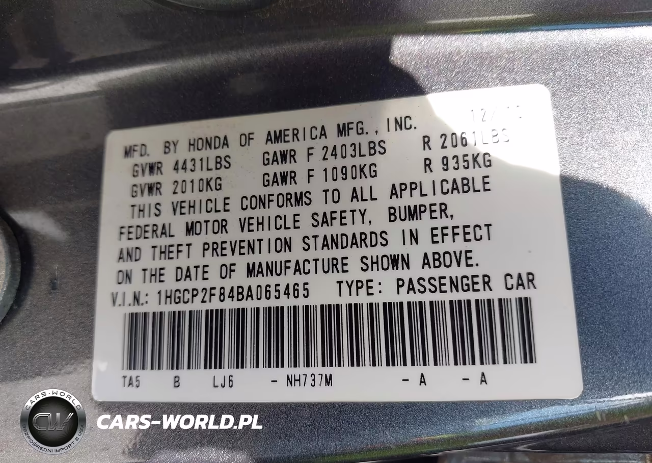 2011 Honda Accord 2.4 Ex-L VIN:1HGCP2F84BA065465 - 9