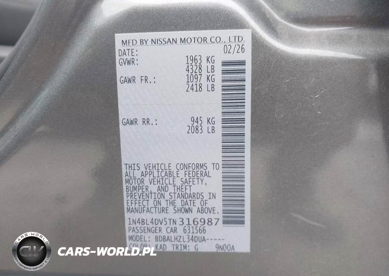 2026 Nissan Altima Sv Fwd VIN:1N4BL4DV5TN316987 - 9