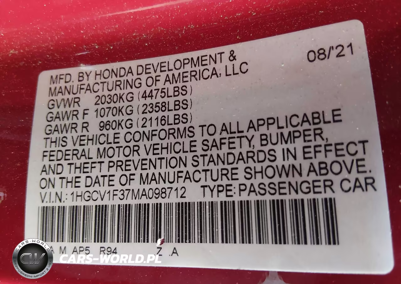2021 Honda Accord Sport VIN:1HGCV1F37MA098712 - 9