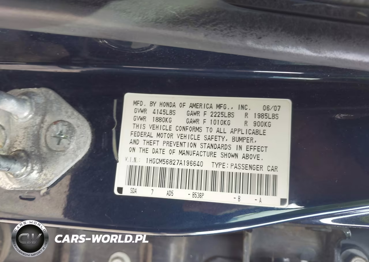 2007 Honda Accord 2.4 Ex VIN:1HGCM56827A196640 - 9