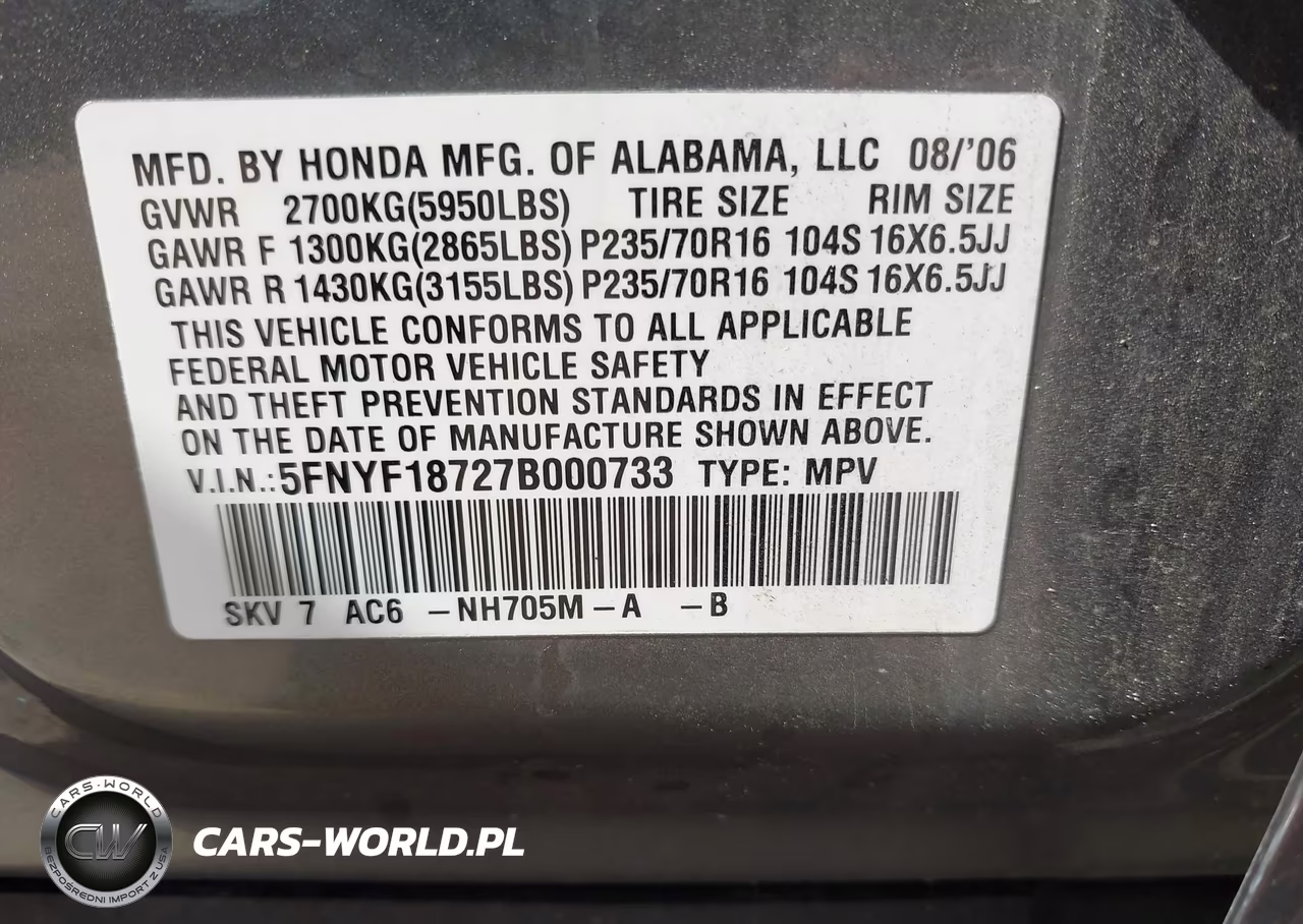 2007 Honda Pilot Ex-L VIN:5FNYF18727B000733 - 9