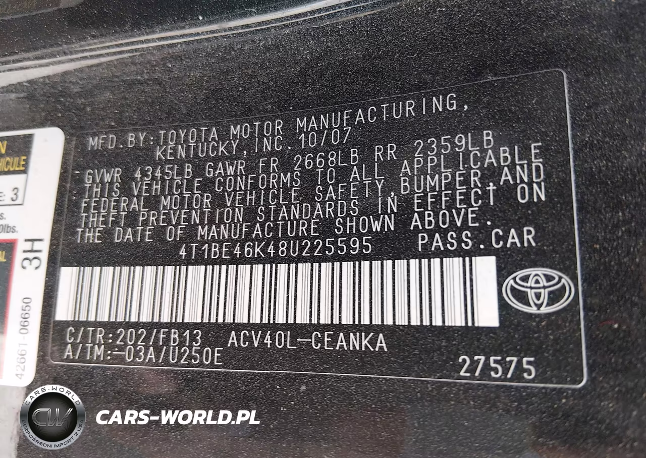 2008 Toyota Camry Le VIN:4T1BE46K48U225595 - 9