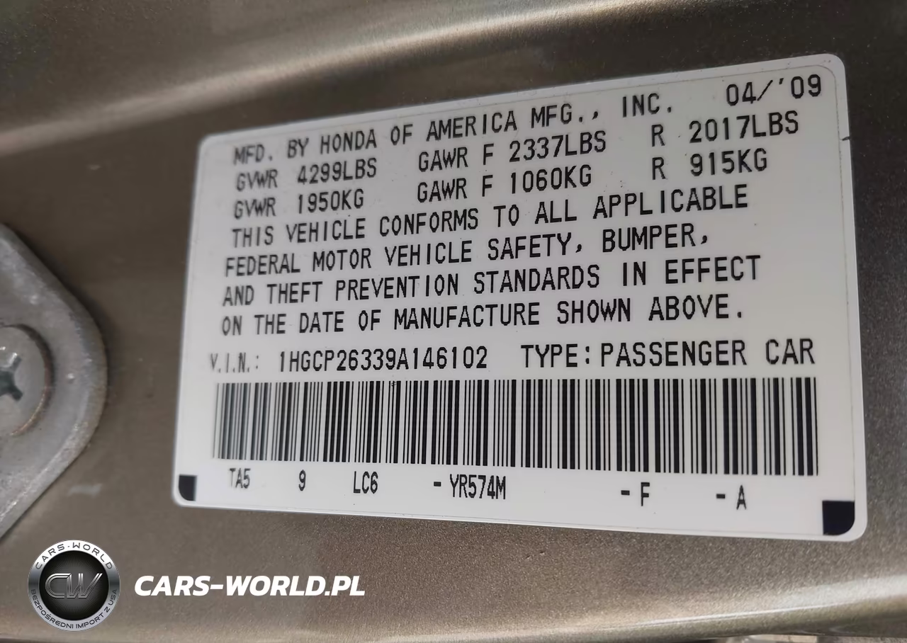 2009 Honda Accord 2.4 Lx VIN:1HGCP26339A146102 - 9