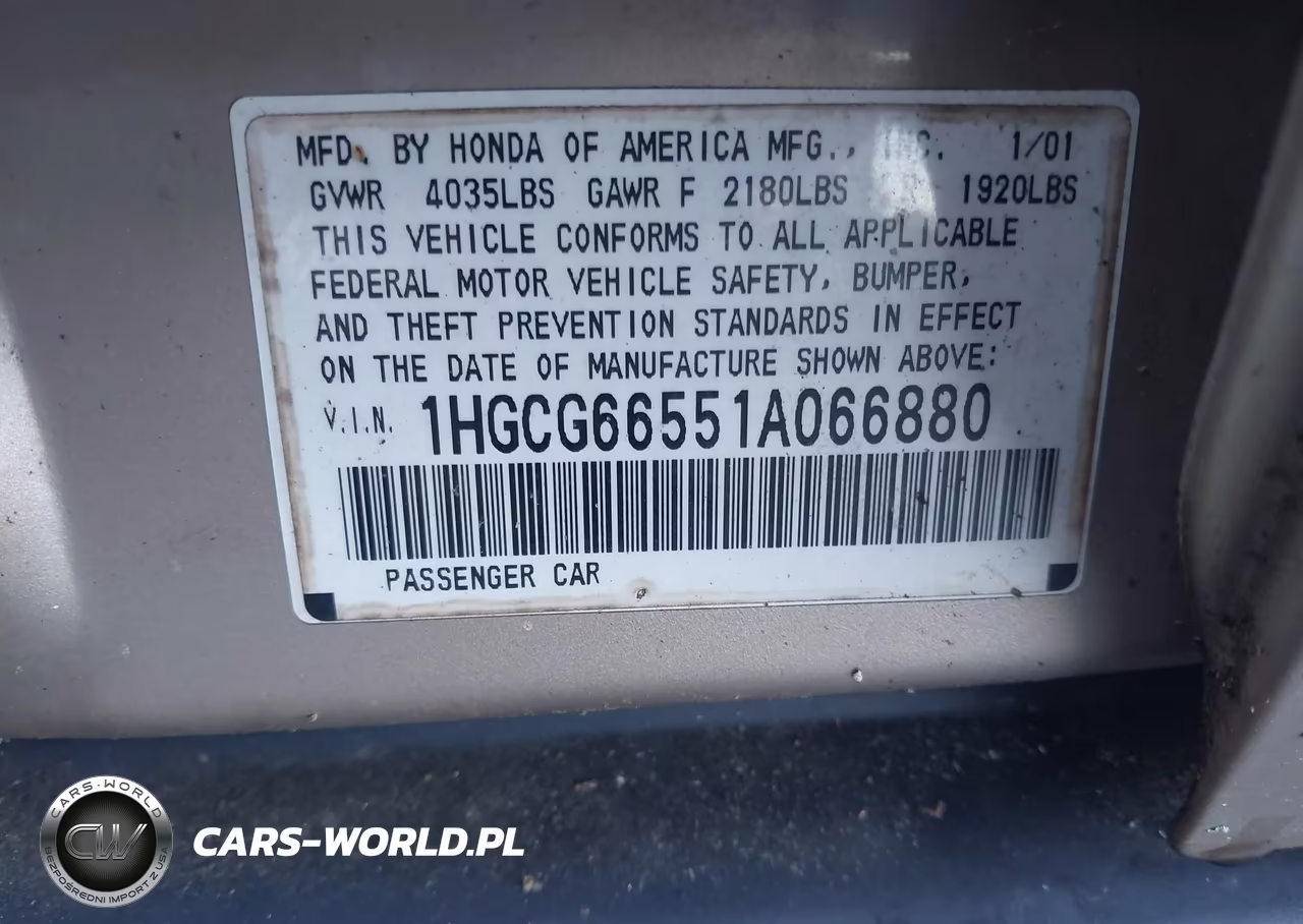 2001 Honda Accord VIN:1HGCG66551A066880 - 9