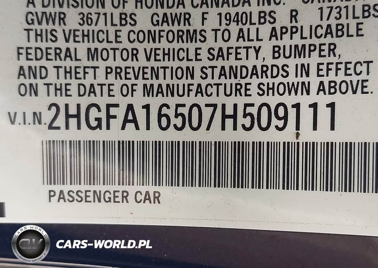 2007 Honda Civic Lx VIN:2HGFA16507H509111 - 9