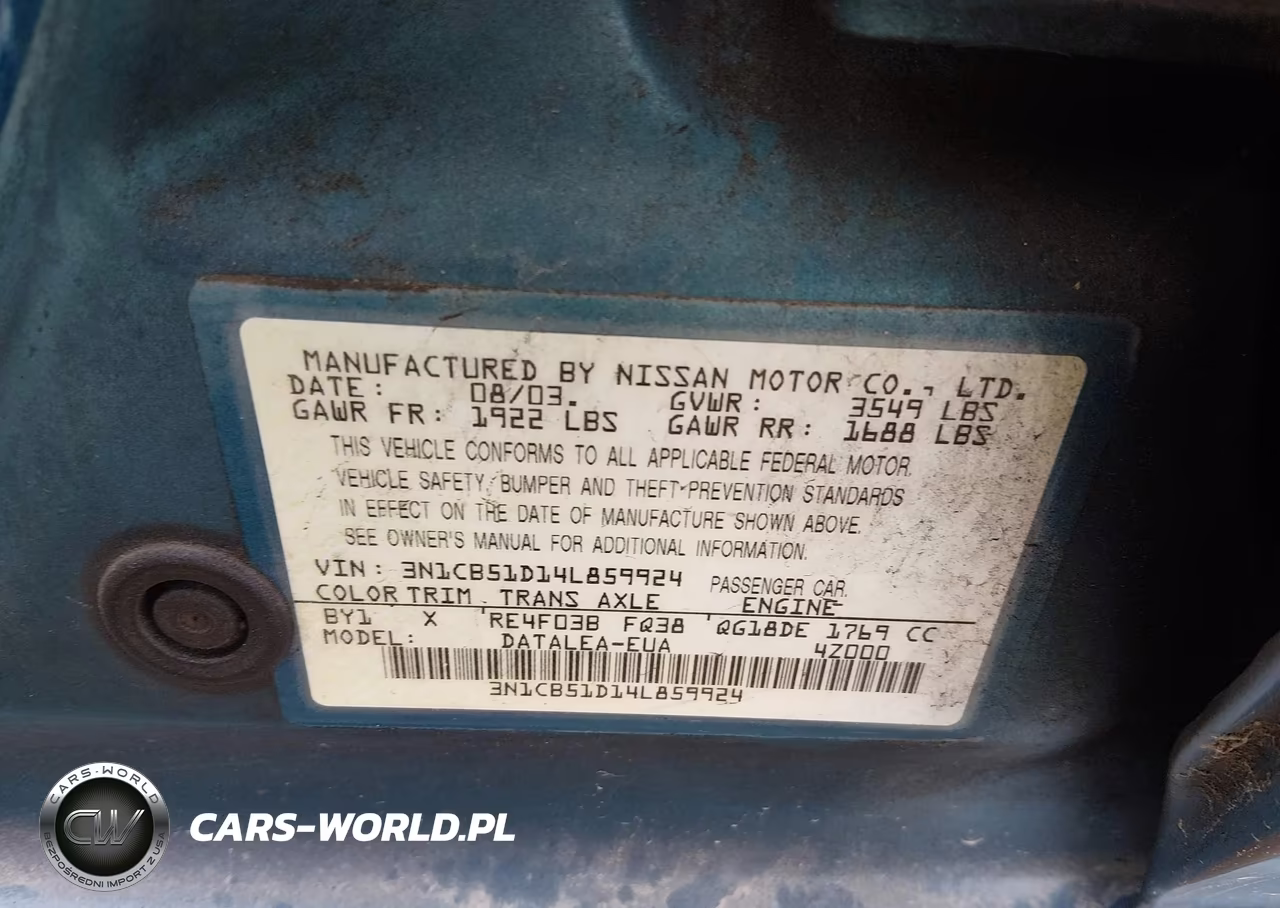 2004 Nissan Sentra 1.8S VIN:3N1CB51D14L859924 - 9