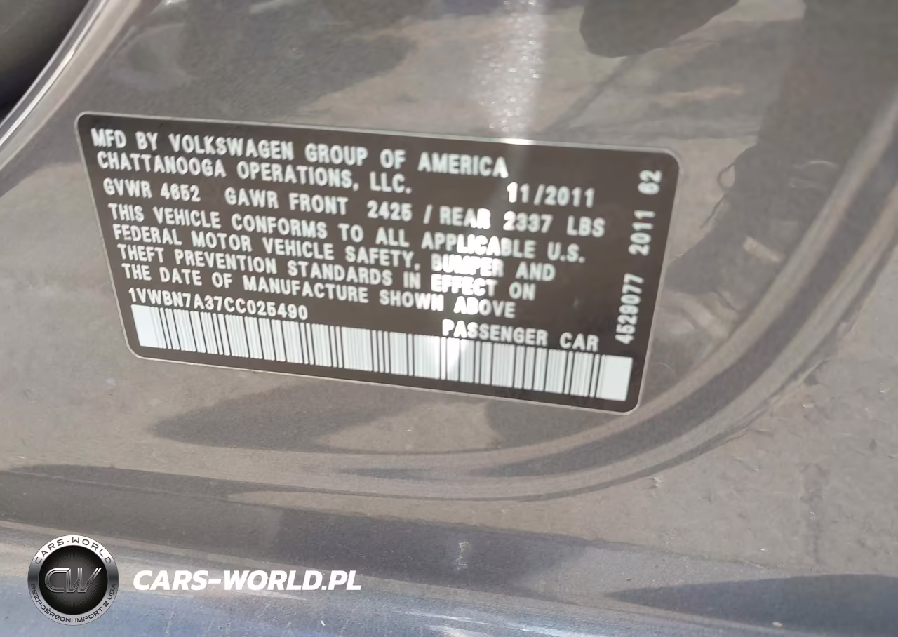 2012 Volkswagen Passat 2.0L Tdi Se VIN:1VWBN7A37CC025490 - 9