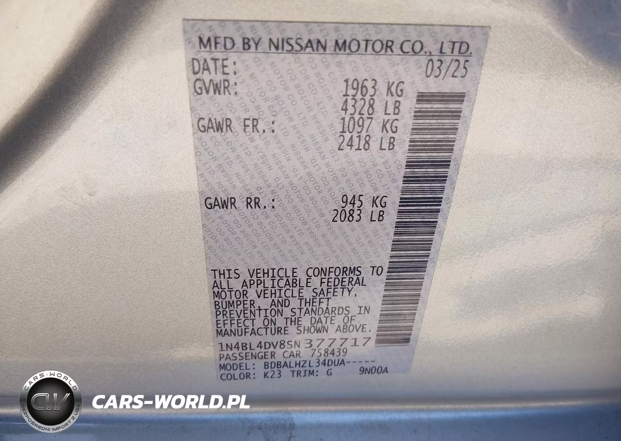 2025 Nissan Altima Sv Fwd VIN:1N4BL4DV8SN377717 - 9