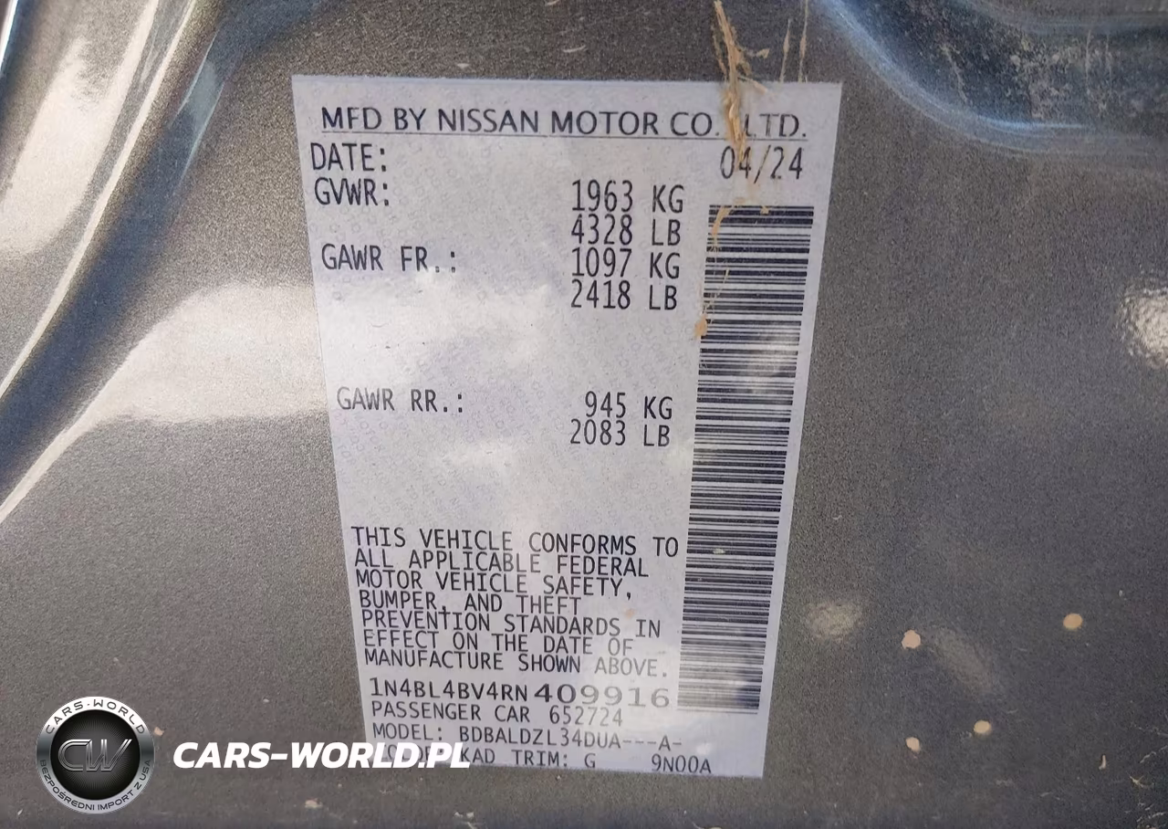 2024 Nissan Altima S Fwd VIN:1N4BL4BV4RN409916 - 9