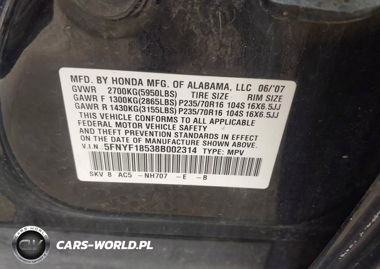 2008 Honda Pilot Ex-L VIN:5FNYF18538B002314 - 9