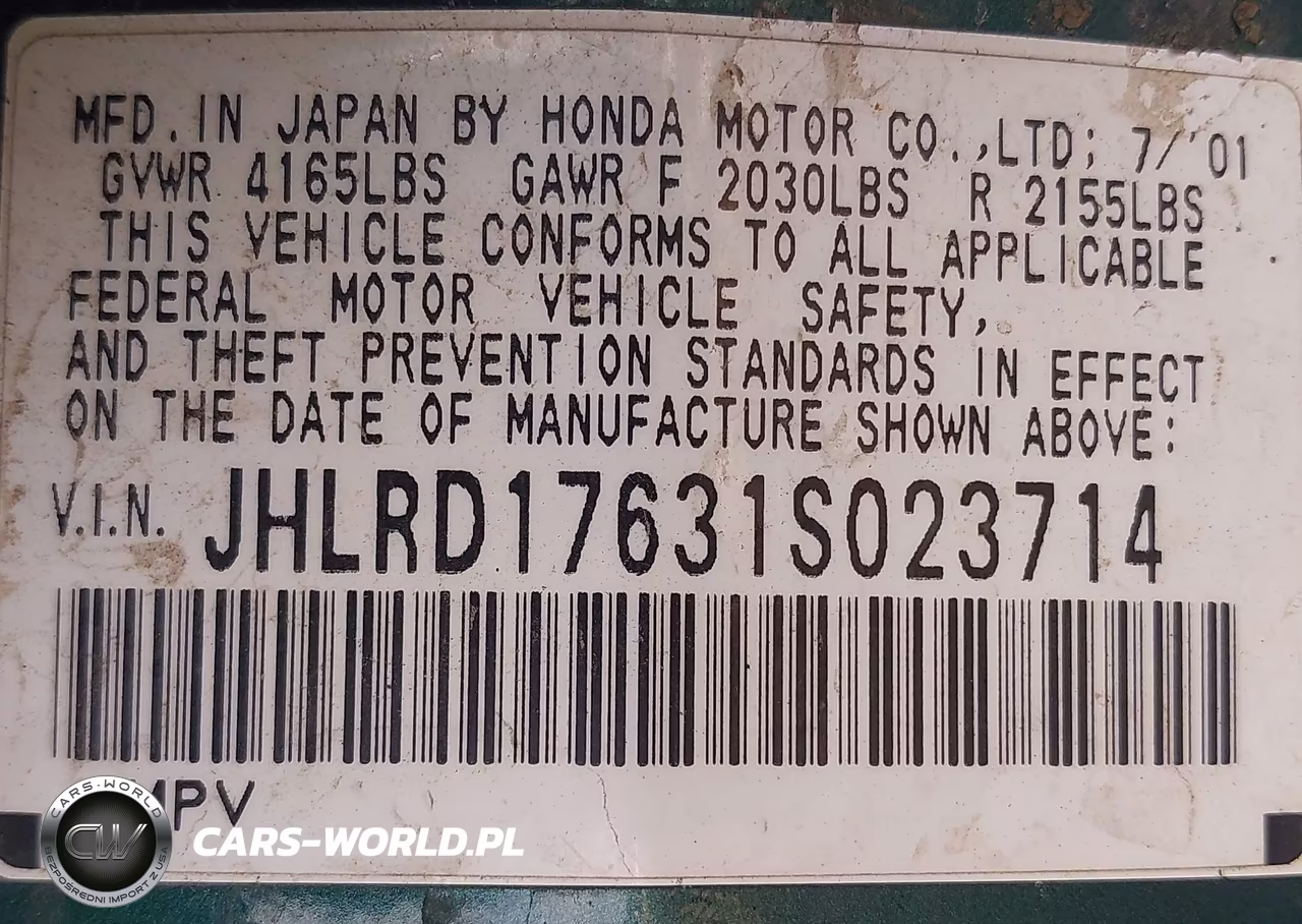 2001 Honda Cr-V Ex VIN:JHLRD17631S023714 - 9