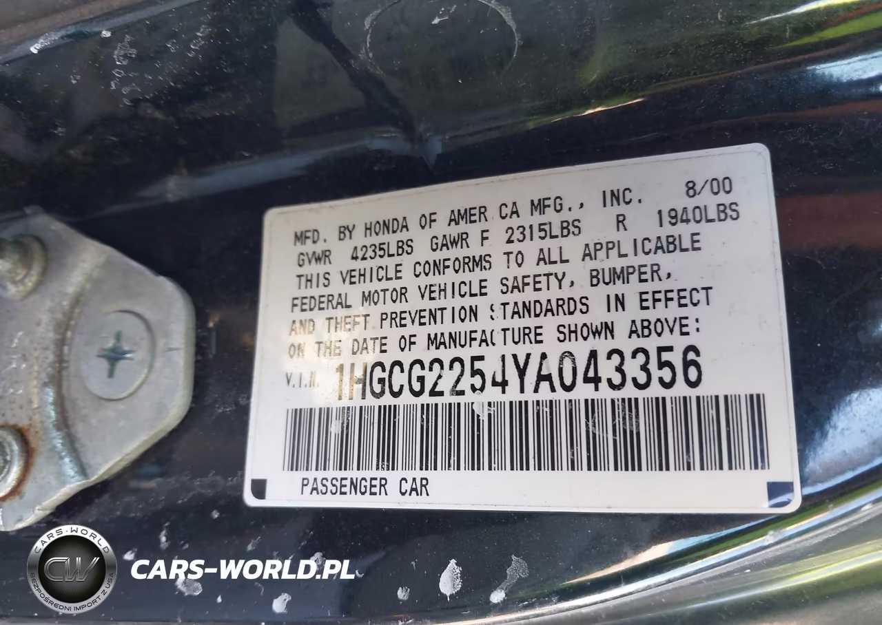 2000 Honda Accord 3.0 Ex VIN:1HGCG2254YA043356 - 9