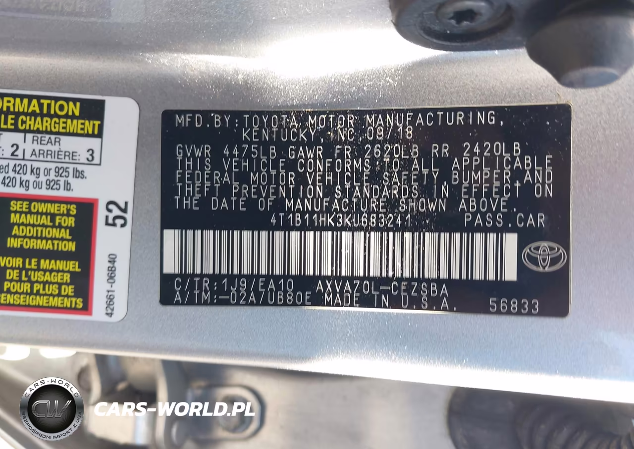 2019 Toyota Camry Se VIN:4T1B11HK3KU683241 - 9