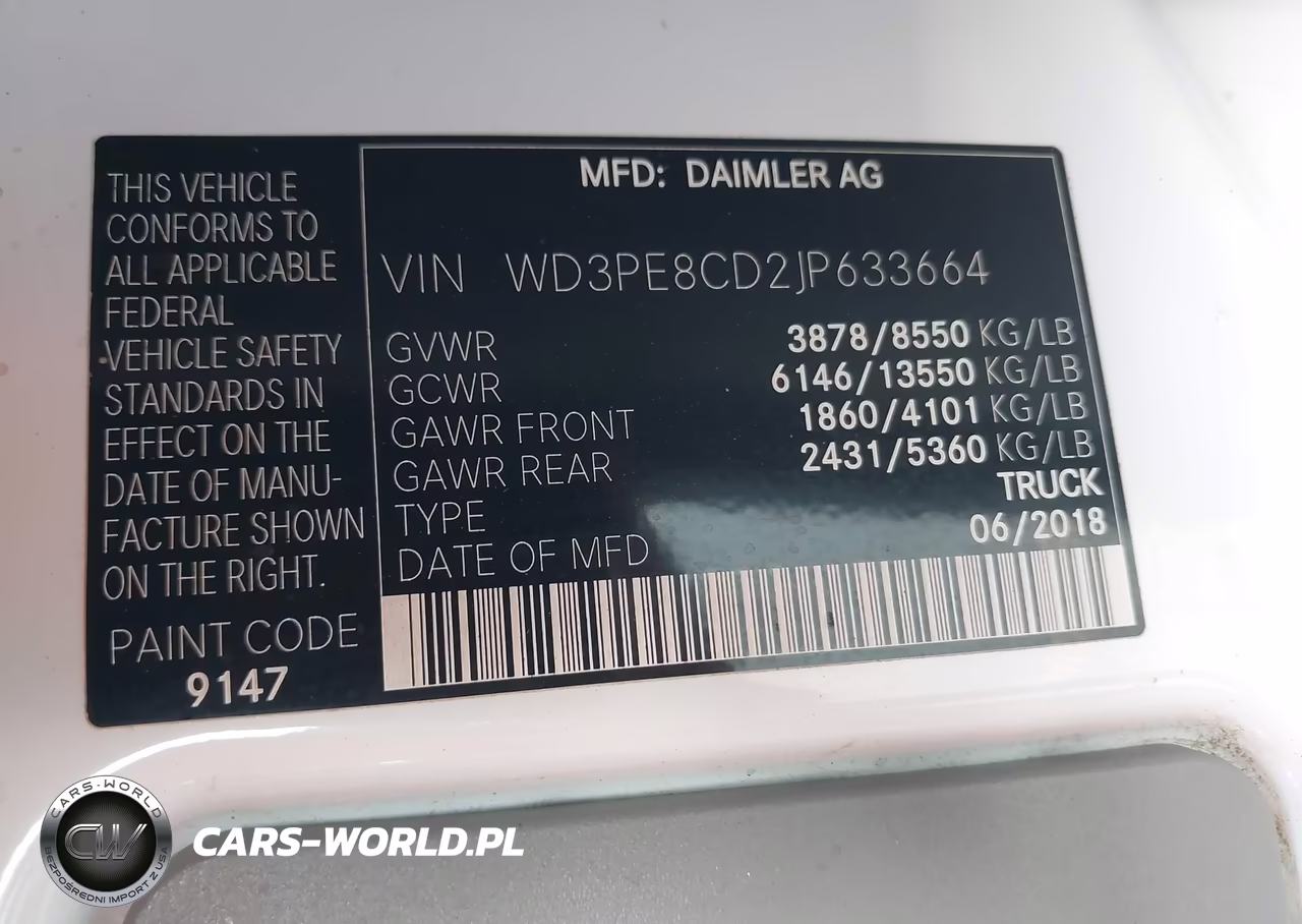 2018 Mercedes-Benz Sprinter 2500 High Roof V6 VIN:WD3PE8CD2JP633664 - 9
