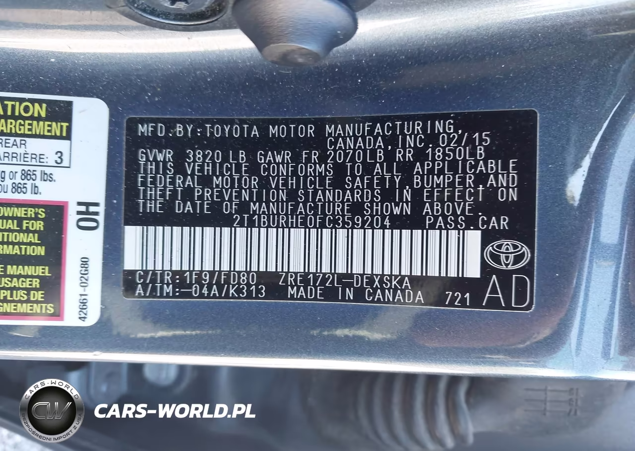 2015 Toyota Corolla S Plus VIN:2T1BURHE0FC359204 - 9