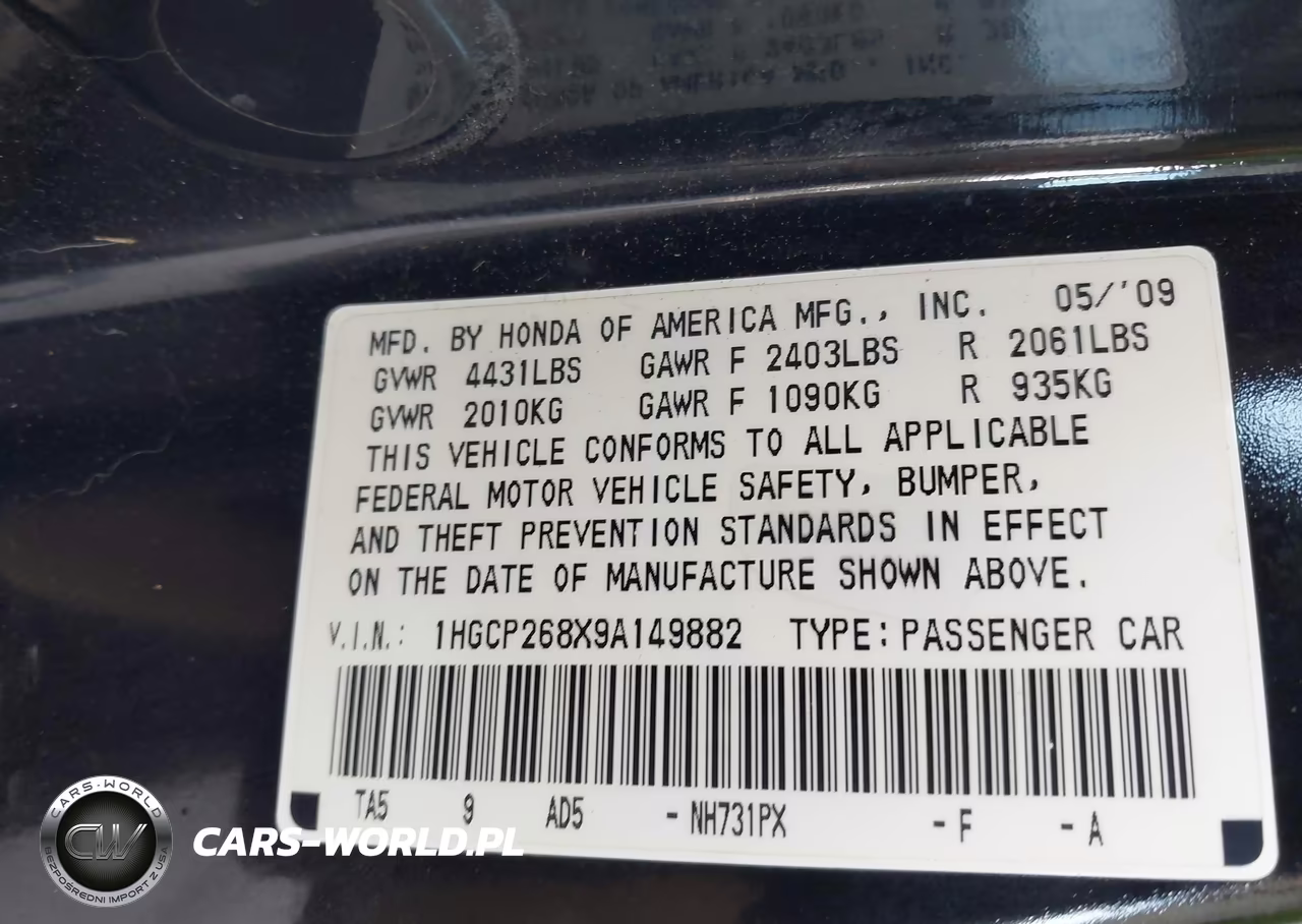 2009 Honda Accord 2.4 Ex-L VIN:1HGCP268X9A149882 - 9