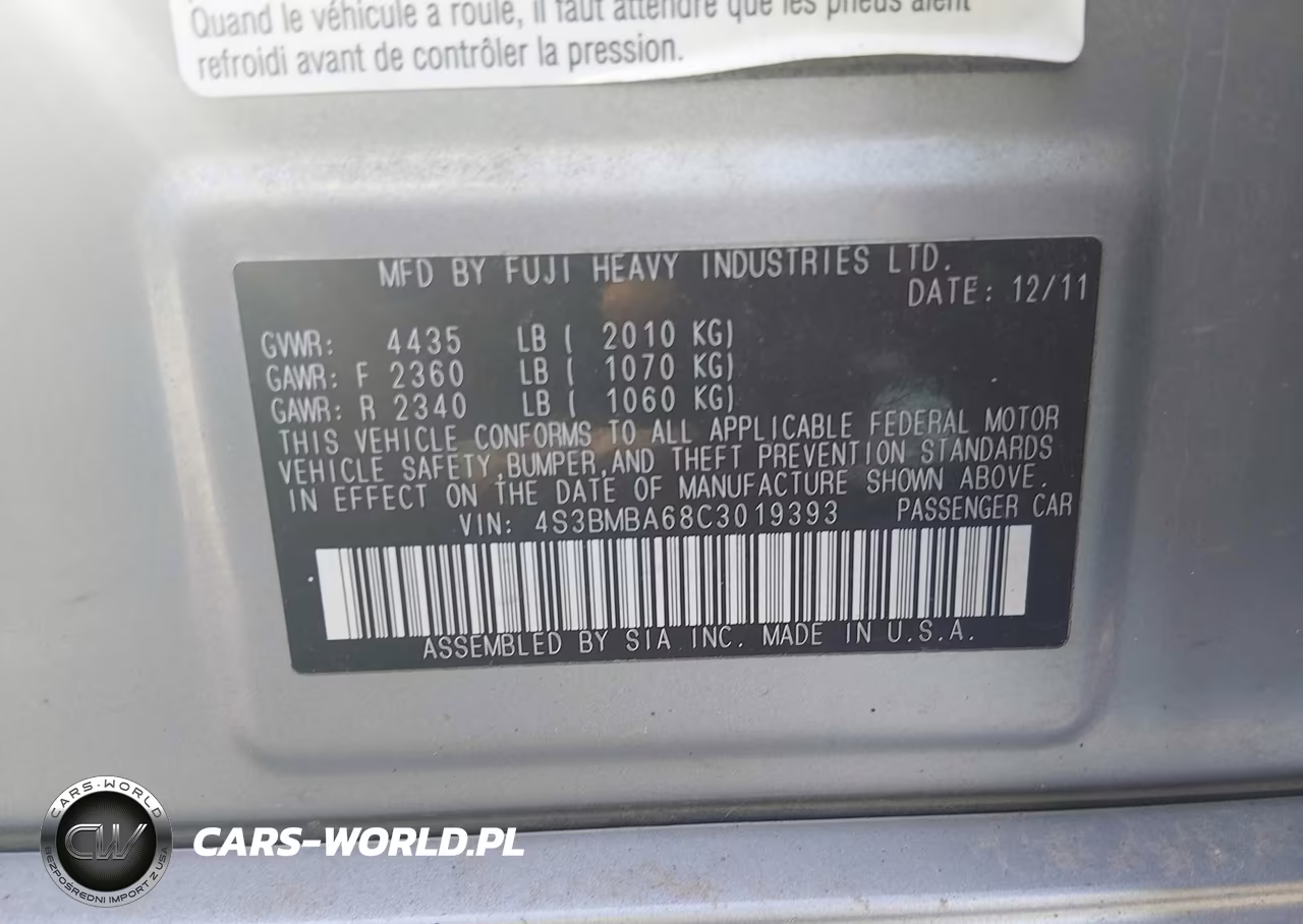 2012 Subaru Legacy 2.5I VIN:4S3BMBA68C3019393 - 9