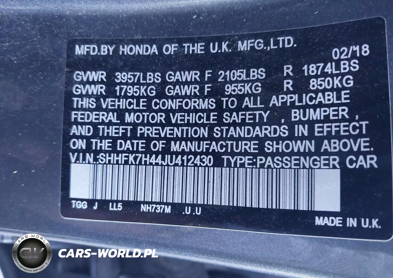 2018 Honda Civic Sport VIN:SHHFK7H44JU412430 - 9