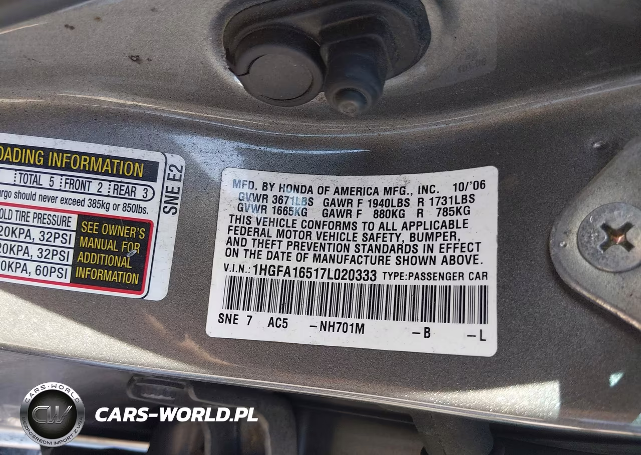 2007 Honda Civic Lx VIN:1HGFA16517L020333 - 9