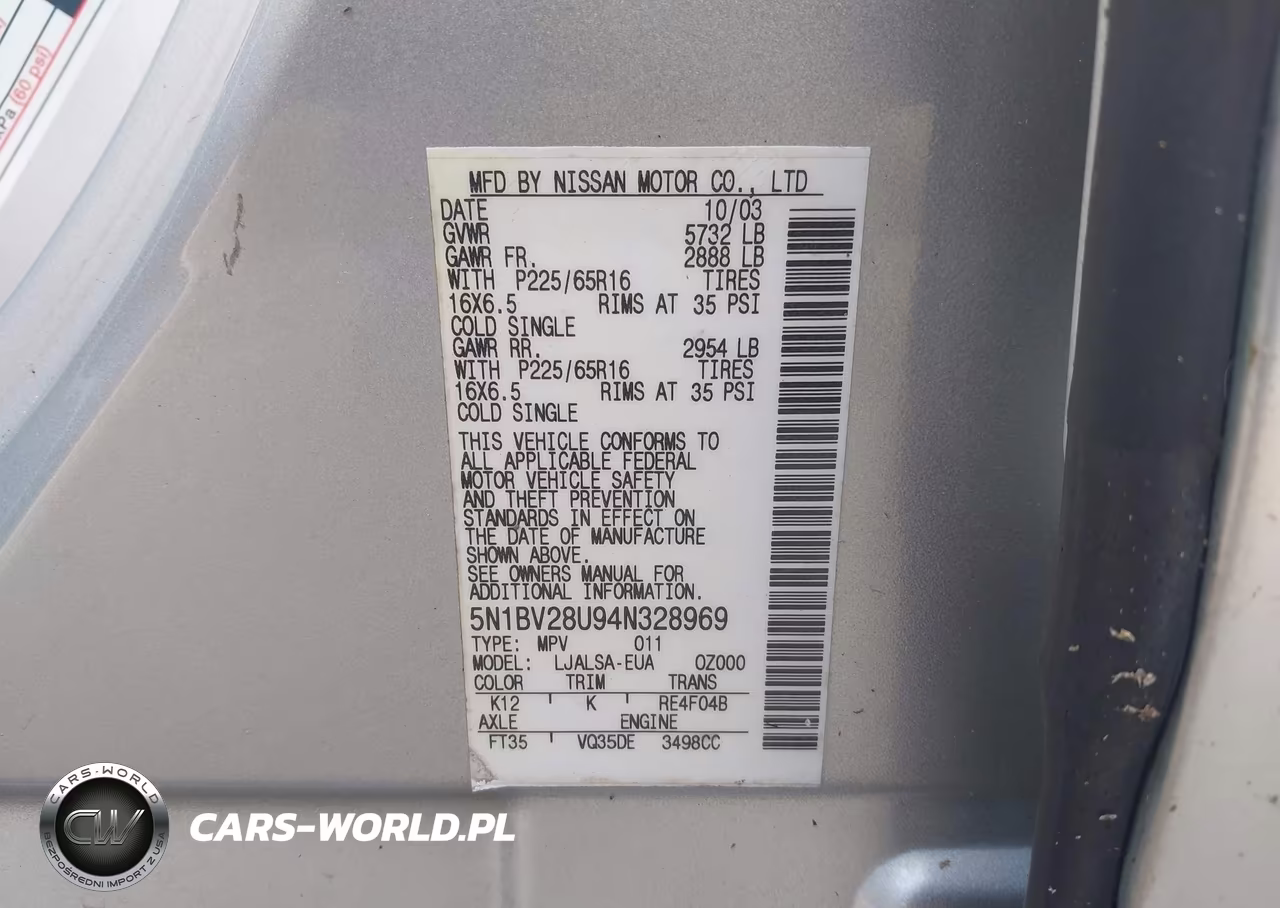2004 Nissan Quest 3.5 S VIN:5N1BV28U94N328969 - 9